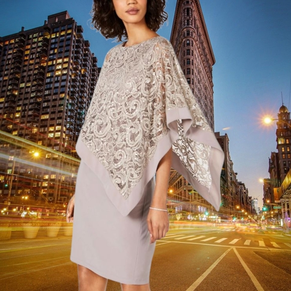 R & M Richards Dresses & Skirts - R & M Richards Silver Asymmetrical Sheath Dress with Dolman Sleeves